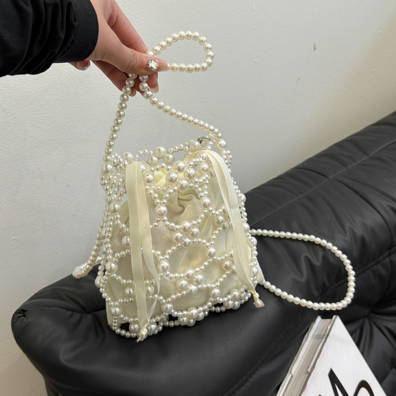 White Beading Bucket Shoulder  - Luxury Bags On Sales review and price