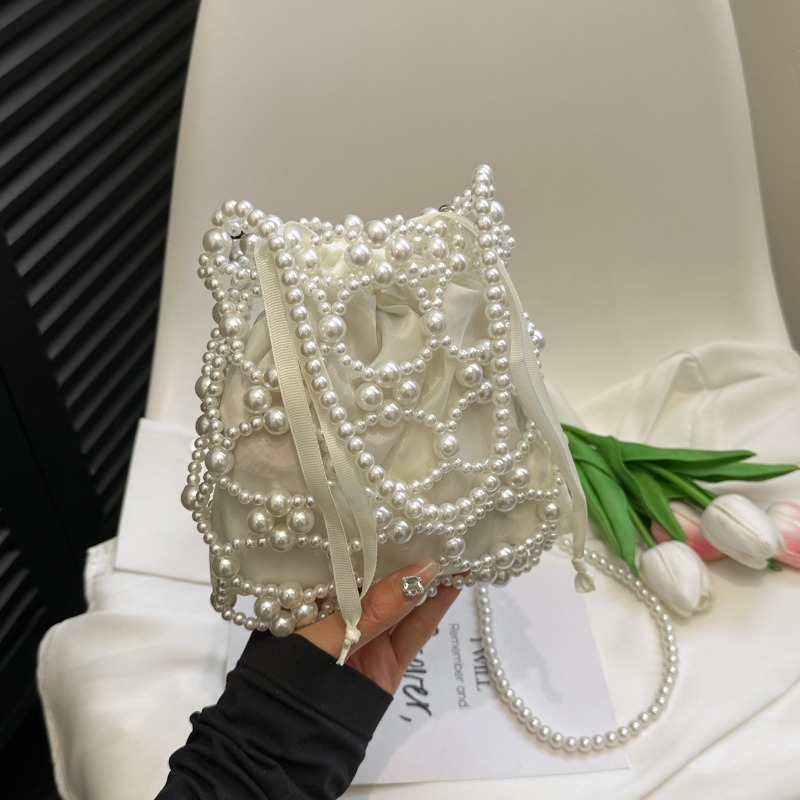 White Beading Bucket Shoulder  - Luxury Bags On Sales review and price